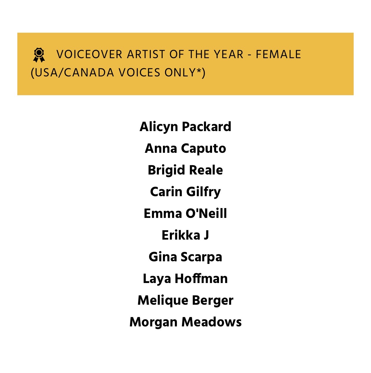 Nomination for VOICEOVER ARTIST OF THE YEAR One Voice Awards